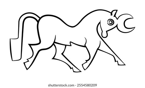 fantasy animal, in outline, black and white drawing