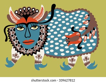 Fantasy animal. Ukrainian traditional painting. Karakoko style. Ukrainian tribal ethnic painting, unusual animal, folk illustration