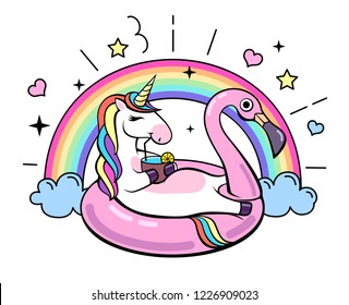 Fantasy animal unicorn on flamingo inflatable circle. Cartoon illustration