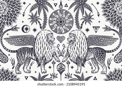 Fantasy animals in the garden seamless pattern. Lions with wings, sun, palm trees, arrows. Vector illustration. Black and white. Vintage engraving. Template for wallpapers, paper, fabrics, textiles.