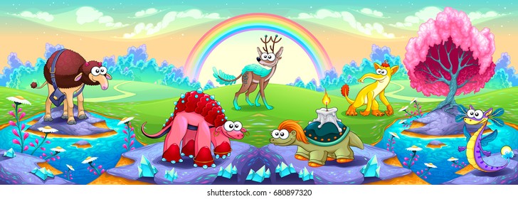 Fantasy animals in a landscape of dreams. Vector fantasy illustration.
