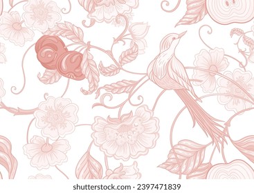 Fantasy apple, flowers and bird, decorative flowers and leaves in art nouveau style, vintage, old, retro style. Seamless border pattern, linear ornament, ribbon Vector illustration. 
