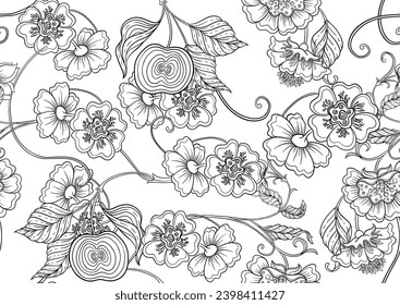 Fantasy apple, flowers and bird, decorative flowers and leaves in art nouveau style, vintage, old, retro style. Seamless border pattern, linear ornament, ribbon Vector illustration. 