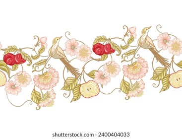 Fantasy apple, flowers and bird, decorative flowers and leaves in art nouveau style, vintage, old, retro style. Seamless border pattern, linear ornament, ribbon Vector illustration. 