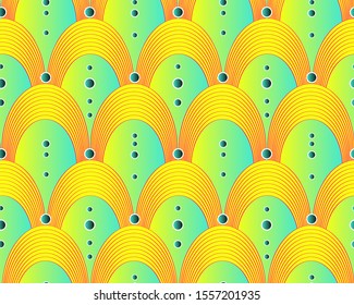 fantasy arcs and beads strings seamless pattern in yellow red green shades