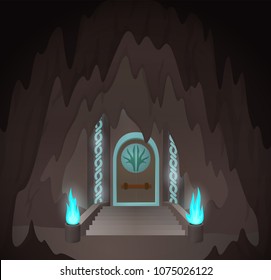 Fantasy art with cartoon mystic gates in the cave