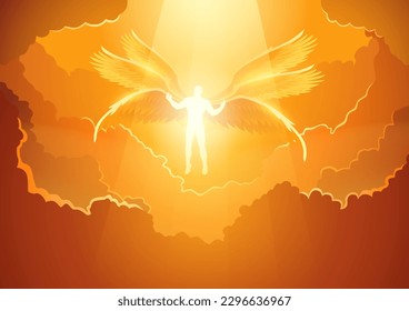 Fantasy art illustration of bright light Archangel with six wings in the open sky, vector illustration