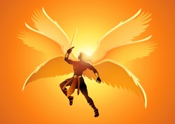 Fantasy art illustration of Michael the Archangel with six wings holding a sword