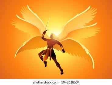 Fantasy art illustration of Michael the Archangel with six wings holding a sword