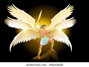 Fantasy art illustration of Michael the Archangel with six wings holding a sword