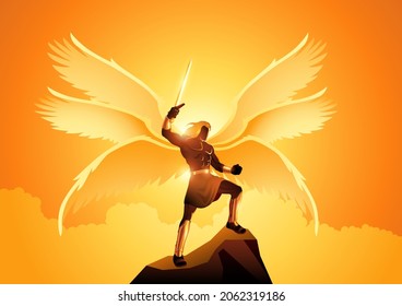 Fantasy art illustration of Michael the Archangel with six wings holding a sword