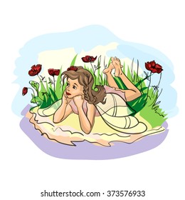 Fantasy art illustration in vector. Girl fairy resting on the sand among flowers poppies. Summer day, serenity and tranquility.