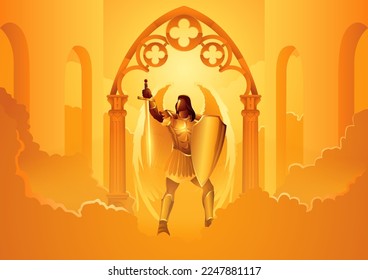 Fantasy art vector illustration series, Hadraniel the angel assigned as gatekeeper at the second gate in heaven