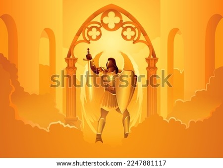 Fantasy art vector illustration series, Hadraniel the angel assigned as gatekeeper at the second gate in heaven