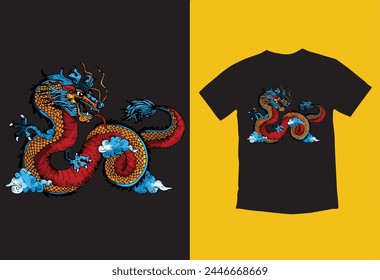 Fantasy Asian Art Dragon Tee. Beautiful Ancient Coloring Beast Reptile,Mythology Animal,Japan Chinese Tattoo Graphic Festival Dragon,China Decoration Japanese Religion Monster.