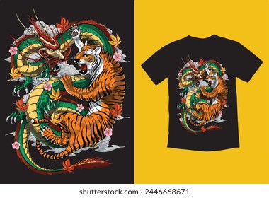 Fantasía Asiática Arte Dragón Tee. Hermoso reptil de bestia de color antiguo, animal de mitología, festival gráfico de tatuaje chino de Japón Dragón, decoración de China Monstruo de Religión japonés.