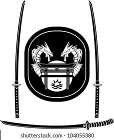 fantasy asian shield and swords. vector illustration