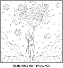 Fantasy astronaut fly with planet balloon in the cloudy sky. Learning and education coloring page illustration for adults and children. Outline style, black and white drawing