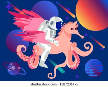 Fantasy, astronaut riding a seahorse with octopus tentacles. Space background. In minimalist style Cartoon flat Vector Illustration