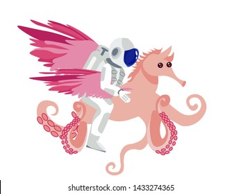 Fantasy, astronaut riding a seahorse with octopus tentacles. Isolated on white background. In minimalist style Cartoon flat Vector Illustration
