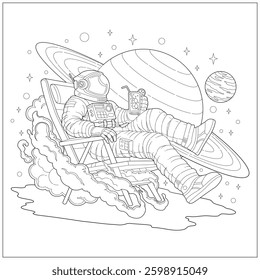 Fantasy astronaut sitting down on a floating chair. Learning and education coloring page illustration for adult and children. Vector outline style, black and white drawing for various purposes.