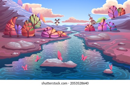 Fantasy autumn landscape with beautiful colorful forest, blue river with stones, mounters and clear blue sky with clouds. Wonderful nature illustration in vector.