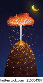 Fantasy autumn landscape with lonely white tree on top of high hill. Orange leafs falling down. Mysterious midnight time. New moon on clear starry sky. Fairy tale scene.