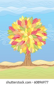 Fantasy Autumn Tree in Retro / vector illustrations