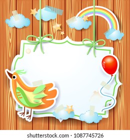 Fantasy background with bird and label, vector illustration eps10
