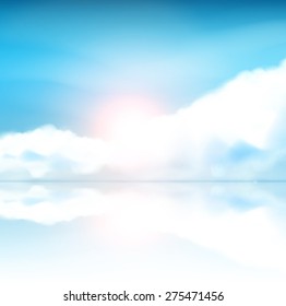 Fantasy Background Blue sky with clouds and sun reflection in water. Vector Illustration.