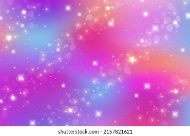 Fantasy background. Bright multicolored sky with stars and bokeh. Holographic illustration in violet and pink colors. Cute cartoon girly wallpaper. Vector.