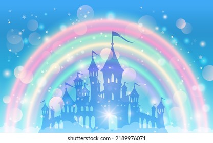 Fantasy background of castle, rainbow and sparkling stars. Vector illustration for children.