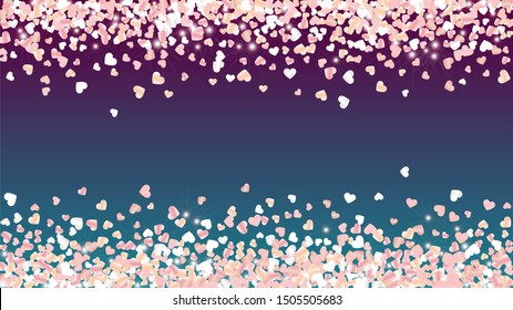 Fantasy Background with Confetti of Hearts Glitter Particles. St. Valentine Day. New Year pattern. Light Spots. Explosion of Confetti. Glitter Vector Illustration. Design for Flyer.