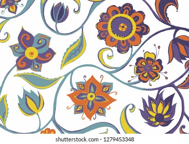 Fantasy background with flowers and leaves. Decorative flowers and leaves on a white background. Bright plants. Beautiful bright decorative leaves on a light background. Bright colours. Textured color