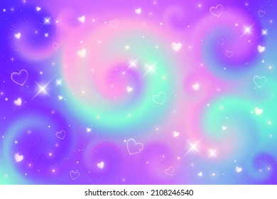 Fantasy background. Holographic illustration. Cute cartoon girly background. Bright multicolored sky with stars and hearts. Vector