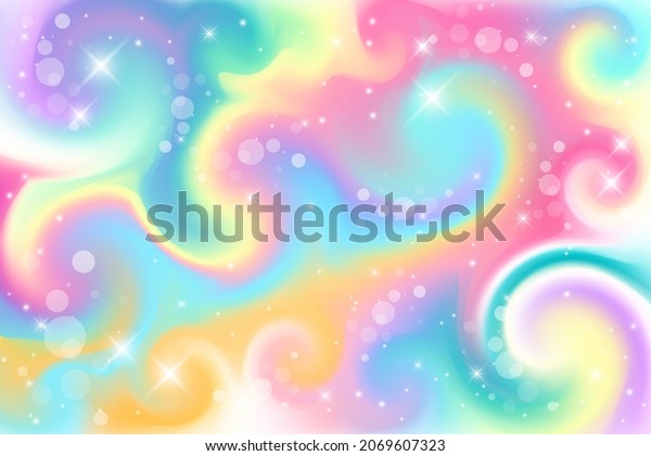 Fantasy background. Holographic illustration in pastel colors. Cute cartoon girly background. Bright multicolored sky with stars and bokeh. Vector illustration