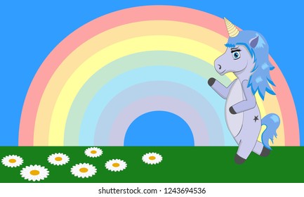 Fantasy background with a little unicorn - a mythical horse with a horn and a rainbow. Vector cartoon illustration with copy space. For banners, stickers, flyers.