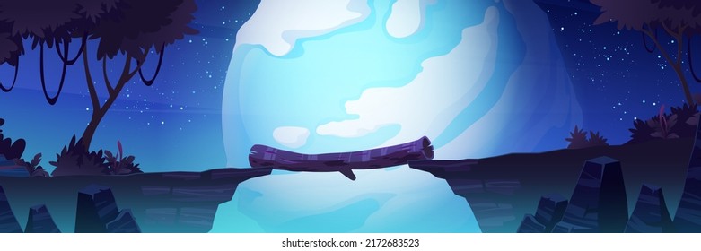 Fantasy background with log bridge above precipice between cliffs in jungle and alien planet in night sky. Vector cartoon illustration of fantastic landscape with trees, rocks, stars and ice moon