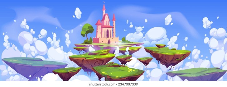 Fantasy background with magic castle on island floating in sky. Game landscape with flying islands with medieval fortress, green grass and clouds, vector cartoon illustration