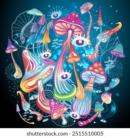 Fantasy background with magic mushrooms of various shape on dark background, vector illustration 