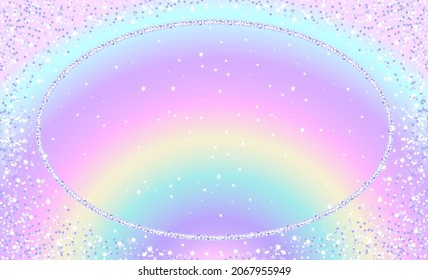 Fantasy background of magic rainbow sky with sparkles and glitter, winged unicorn and sparkling stars. Vector illustration, background for children.