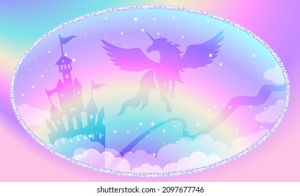 Fantasy background of magic rainbow sky with sparkles and glitter, winged unicorn and sparkling stars. Vector illustration, background for children.