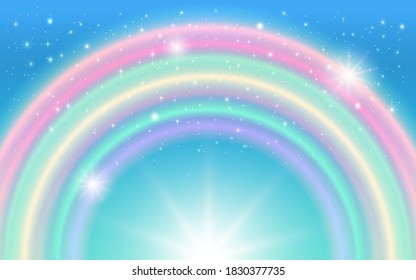 Fantasy background of magic sky, rainbow and sparkling stars. Vector illustration for children.