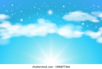 Fantasy background of magical blue sky with white clouds and sparkling stars. Vector illustration, background for children.