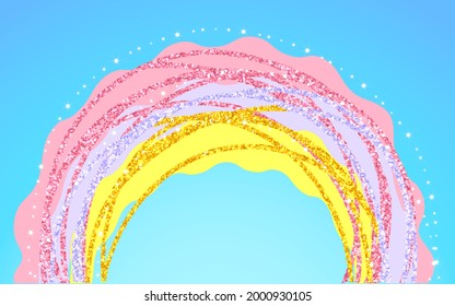 Fantasy background of magical blue sky with white clouds, rainbow and sparkling stars. Vector illustration, background for children.