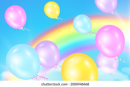 Fondo fantástico de un mágico cielo azul con globos y arcoíris voladores y coloridos. Ilustración vectorial, fondo para niños.