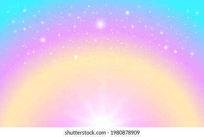 Fantasy background of magical rainbow sky with sparkling stars. Vector illustration, background for children.