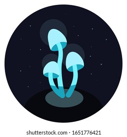 Fantasy background with neon mushrooms. Blue luminous mushrooms on a hummock, blue lights fly in the dark. Vector illustration. Stars shine in the dark. Three poisonous grebes emit light