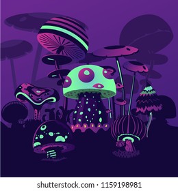 Fantasy background with neon mushrooms. Magic landscape. Computer game concept.