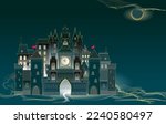 Fantasy background with old castle. Medieval kingdom with tower and clock. Imaginary Middle ages in fairyland. Illustration for kids fairy tale book, poster, wallpaper, game, banner, travel company.